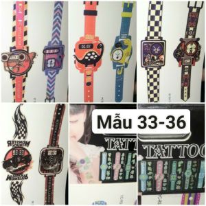 Sét 4 tờ hình xăm nước Dạ Quang có 8 cái hình Đồng hồ kt 16x12cm nhiều màu rất đẹp