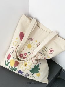 กระเป๋าผ้าใบความจุขนาดใหญ่สำหรับผู้หญิง กระเป๋าถือลายการ์ตูนสไตล์เกาหลี กระเป๋าถือแบบตั้งขึ้น กระเป๋าผ้าใบแบบยืดหยุ่น
