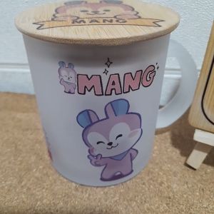 PERSONALIZED BTS BT21 Real Mang Frosted Glass Mug with Bamboo Lid and Coaster