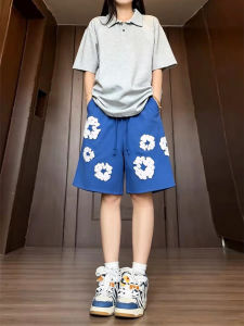 ZHUOCAN | Blue Cotton Tree Pattern Sport Shorts Men 5-divided Length