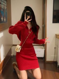 French Red Hooded Knitted Sweater Dress Womens Autumn Winter Soft Cozy Mini Skirt Wrap Body High Waist A-Line Dress