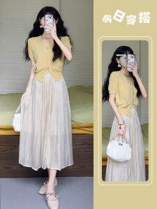 High Waist A-Line Skirt Two-Piece Set Womens Dress Polyester Fabric Long Sleeves V-Neck Summer Fashion 2024 New Arrival