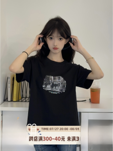 Guozii Retro Black Short Sleeve Cotton T-Shirt Womens Sweet Cool Style Slimming Loose Fit New 2024 Streetwear round Neck Print