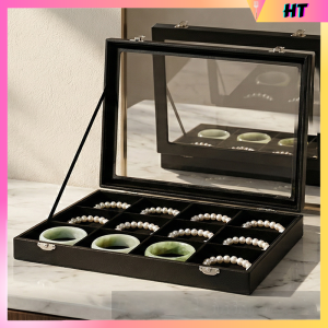 Black Jewelry Box with Lid for Watches Bracelets Necklaces Display Dustproof Leather Casual Style Hard Surface