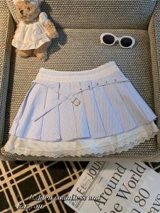 GUZILIAN | Cute Sweet Gently Ruffled Short Skirt Striped A-Line Mini Skirt Womens Low Waist Anti-Light Lace Trim Commute Simple Style