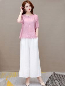 Ice Silk Casual Fashionable Womens Two-Piece Set Summer 2024 Wide Leg Pants Top And Bottoms Ensemble Short Sleeve Loose Fit