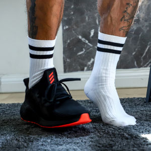 [Buy 3 Pairs of 39 Yuan] Yan Also Men Striped Mid-Calf Length Socks Pure Cotton Sports White Socks Mens Breathable Tube High-Top