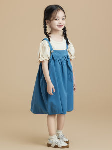 Blue Cotton Romper Summer Outfit for Little Girls Two-Piece Set Casual Style Pure Color Skirt Childrens New Arrival Forest System
