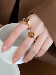 Retro Style Mira Brown Tiger Eye Stone Open Design Ring for Women High Fashion Individuality Alloy Silver Gold Plated Jewelry