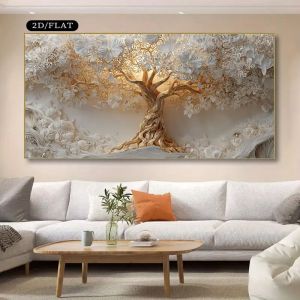 1pc Extra Large Canvas Wall Art - Tree of Life Painting with Golden Accents Modern Minimalist Home Decor for Living Room Bedro