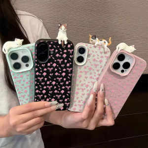 Pink Flower With 3D Cute Cat Leather Case For iPhone 17 11 16 15 Pro Max Air Cover iPhone 12 13 14 Pro Max 16 Plus Funda Cover
