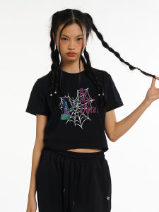 TIPSEVEN Original Design Short Sleeve T-Shirt Cartoon Spider Web Print Casual round Neck Lightweight Summer New Style Slimming Top
