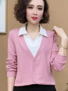2024 Spring and Autumn New Arrival Shirt Collar Fake Two-Piece Long Sleeve Shirt Sweatshirt Middle-Aged and Elderly Womens Clothing Fashionable Mommy Thin