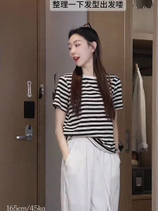 เรียบหรู ผู้หญิง เสื้อยืดแขนสั้นลายทาง ลำลอง เดินทาง ดีไซน์ ฤดูใบไม้ผลิ ฤดูร้อน แฟชั่นสุภาพสตรีสไตล์ยุโรป เสื้อท่อนบน