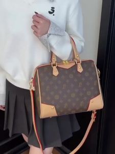 Luxury Inspired Vintage Monogram Boston Bag Convertible Adjustable Crossbody Strap Casual Handbag for Work & Travel