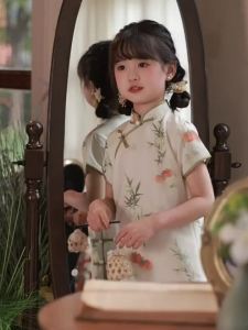 <822> ชุดกี่เพ้าเด็กหญิงชุดฮั่นฟูสไตล์โบราณ 2024 เสื้อผ้าเด็กใหม่ปรับปรุงชุดการแสดงกู่เจิงจีนใหม่ฤดูร้อน