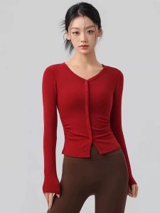 Red V-Neck Long Sleeve Fitted Yoga Top