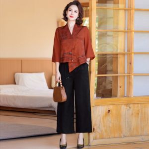New 2025 Mom Summer Fashionable Two-Piece Set Elegant New Chinese Style Wedding Mother-In-Law Top Trendy Loose Fit Long Pants