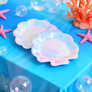 Mermaid Theme Party Decoration Childrens Birthday Tableware Shell Paper Plate Pearl Shell Dessert Table Arrangement