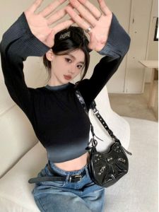 Early Spring American Retro Long Sleeve Base Shirt Womens Inner Gradient Color Short T-Shirt High Waist Belly Bearing Top