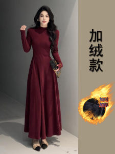 Thickened Cotton Fleece Long Slimming Dress Red Ankara New Years War Clothes High Waist A-Line Skirt Regular Sleeve round Neck