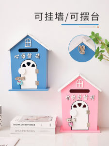 Blue Decorative Wooden Country Creative Mailbox School Wall Hanging Opinion Box Rural Style Communication Heart Word Box