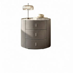 Luxurious Storage Round Bedside Cabinet 3 Drawers Full Wrapped Leather