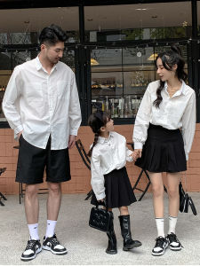 Pure Color White Shirt Parent-Child Suit a Family of Three Basic All-Matching Photo Family Portrait Long Sleeves Western Style Mother-Daughter Matching Outfit Autumn