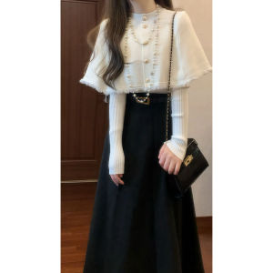 CHANGTONG | Fashionable Autumn Set Knitted Cape Top and Half Skirt
