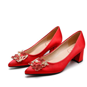 French Style Wedding Shoes Low Heel Flat Bottom Maternity Shoes Red Chinese Cheongsam Gown Two-Way New Women Fashionable Single Shoes