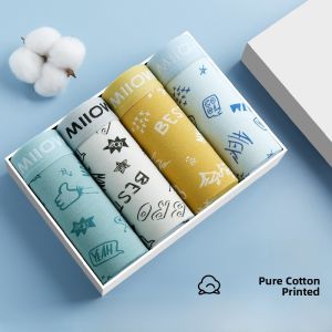 miiow | Pure Cotton Teenage Boxer Shorts Mens Breathable Antibacterial Silk Print Flat Angle Briefs Quick Dry Comfortable Underwear