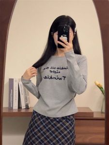 Casual Long Sleeve round Neck Commute Top Letter Print Cotton Polyester Blend Slimming Versatile Sweet Spicy Style T-Shirt