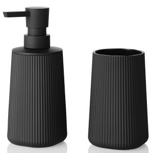 Matte black striped bathroom accessory set of two pieces including a soap dispenser and a toothbrush holder suitable for bathr