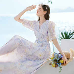 XIANGYING | V-neck Tencel Summer Dress Purple Print Resort Style