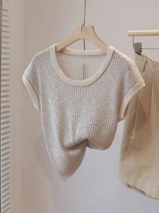 Áo Thun Tay Ngắn Dệt Kim Lụa Băng Cổ Chữ U Phong Cách Mỹ Cổ Điển Dành Cho Nữ Mùa Hè Mỏng Màu Tương Phản Tay Nhỏ Thiết Kế Vai Áo