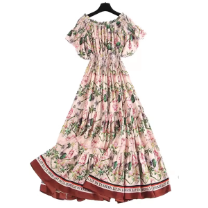 XMO | Off-shoulder Short Sleeve Polka Dot High Waist Dress