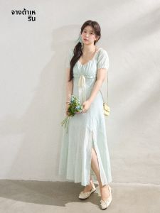 ZHANGDAREN | Đầm Dài Mùa Hè Hàn Quốc Ôm Sát Cổ Vuông Khe Xẻ Tạo Hình Ép Vòng 2 Kích Thước Lớn