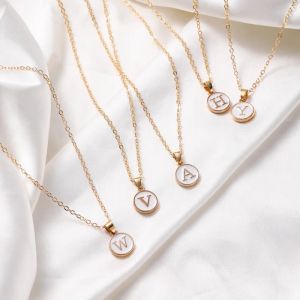🔥🔥Roman Holiday Gold Plated Letter Lucky Pendant Necklace Women Men High Quality Pearl lnitial Necklace Shell Pendant Circle Stainless Steel