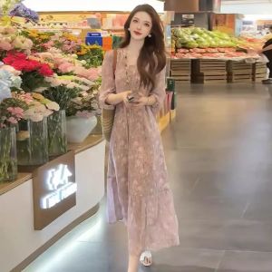 WANGGONGZHU | Elegant Floral Print Midi Dress Womens Summer 2025 New Ageless High Waist A-Line Long Skirt Korean Style Commute Dress