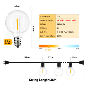G40 LED 36 m outdoor string light with 64 plastic bulbs Attachable outdoor string light for gardens weddings parties terraces