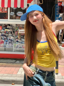 Pure Cotton American Retro Strap Vest Womens Color Block Print High Street Short Style Spicy Girl Top Fashion Commute