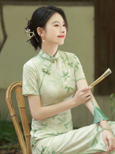 Young Style Cheongsam Summer Stripe New Chinese Version Elegantly Printed plus Size Short Cheongsam Green with White Buttons