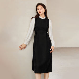Yigue | Elegant Drape Long Sleeve Dress for Spring and Autumn Slimming Waist Accentuating Contrast Color Wooden Ear