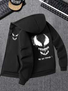 Mens White Zipper Hoodie with Venom Print on The Front and Black Symbiotic Character Design on The BackMarvel Casual Sportswear