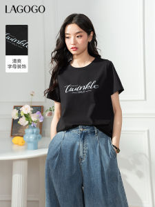 Black Short Sleeve T-Shirt Womens Lagogo Letter Print Slim Fit Shoulder Commute Style Cotton Polyester Summer New Arrival