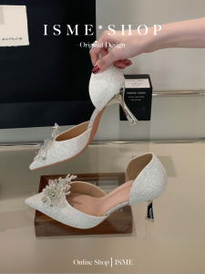 Elegant Pearl Hollow out Wedding Shoes Womens Fashion Single Shoes Diamond Decorated Pointed Toe Bride Beautiful Ivory