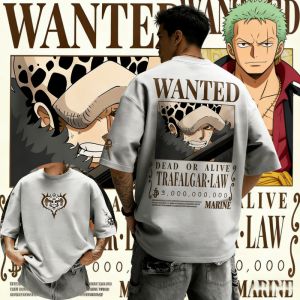 Bandai | 2026 Summer One Piece Trafalgar Law Wanted Print Vintage Cotton Short Sleeve T-Shirt Adult Kids Sport Harajuku Top Anime Fans