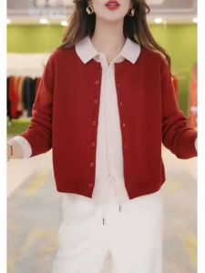 Outlets Big Sale Counter Brand Contrast Color Lapel Fake Two Pieces Tops Wool Knit Cardigan Outwear Female Fall and Winter