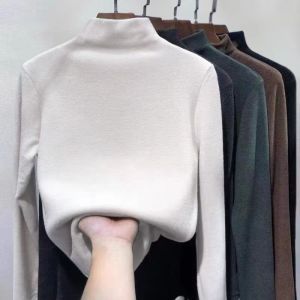 Thermal Top for Women Velvet Half Turtleneck Bottoming Shirt Autumn Clothes Winter Fleece-lined Inner Wear Long Sleeve T-shirt