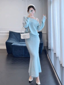 SHANGSHA | Elegant and Refined One-shoulder Knitted Dress Set for Important Occasions